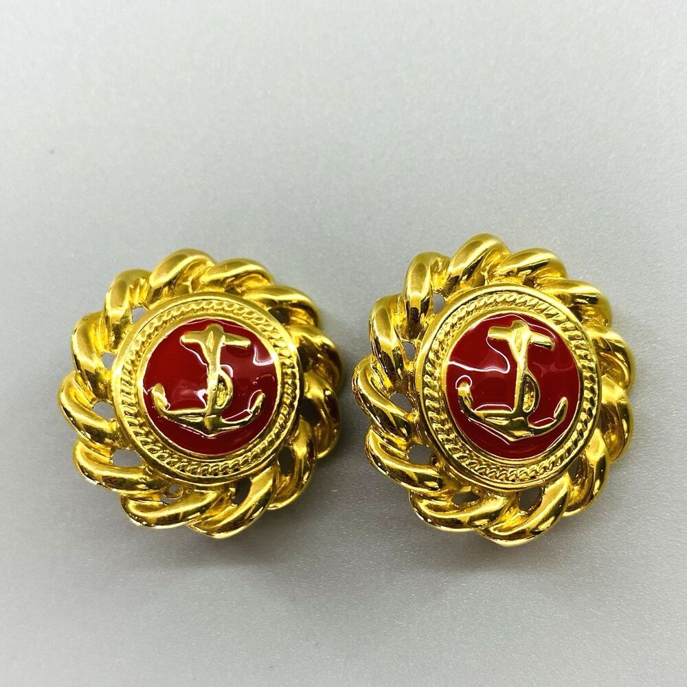 Vintage Gold Tone Red Enamel Nautical Anchor Clip On Earrings Statement